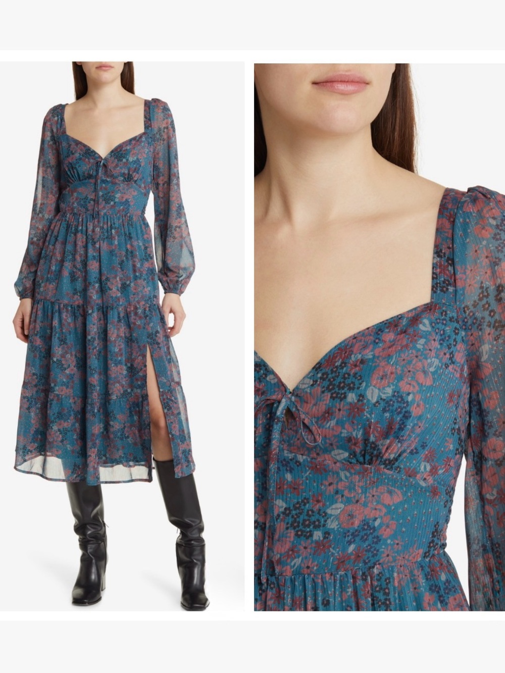 PAIGE
Josefina Floral Long Sleeve Midi
Dress Floral Teal Sweetheart neckline XS